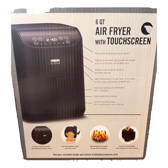 BELLA 6-qt. Digital Air Fryer w Touch Screen, Stainless Finish - Black Stainless - Picture 4 of 5
